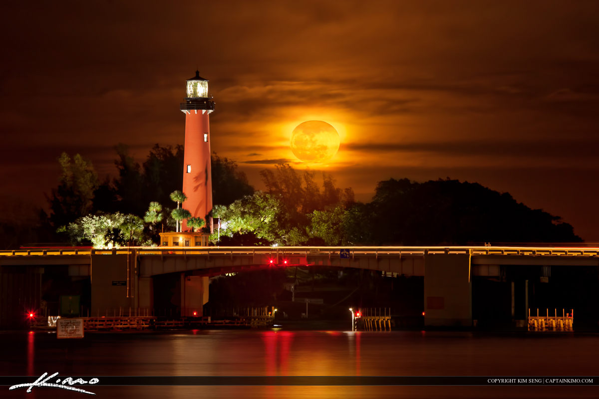 Burning Moonrise at Jupiter Inlet Lighthouse Florida