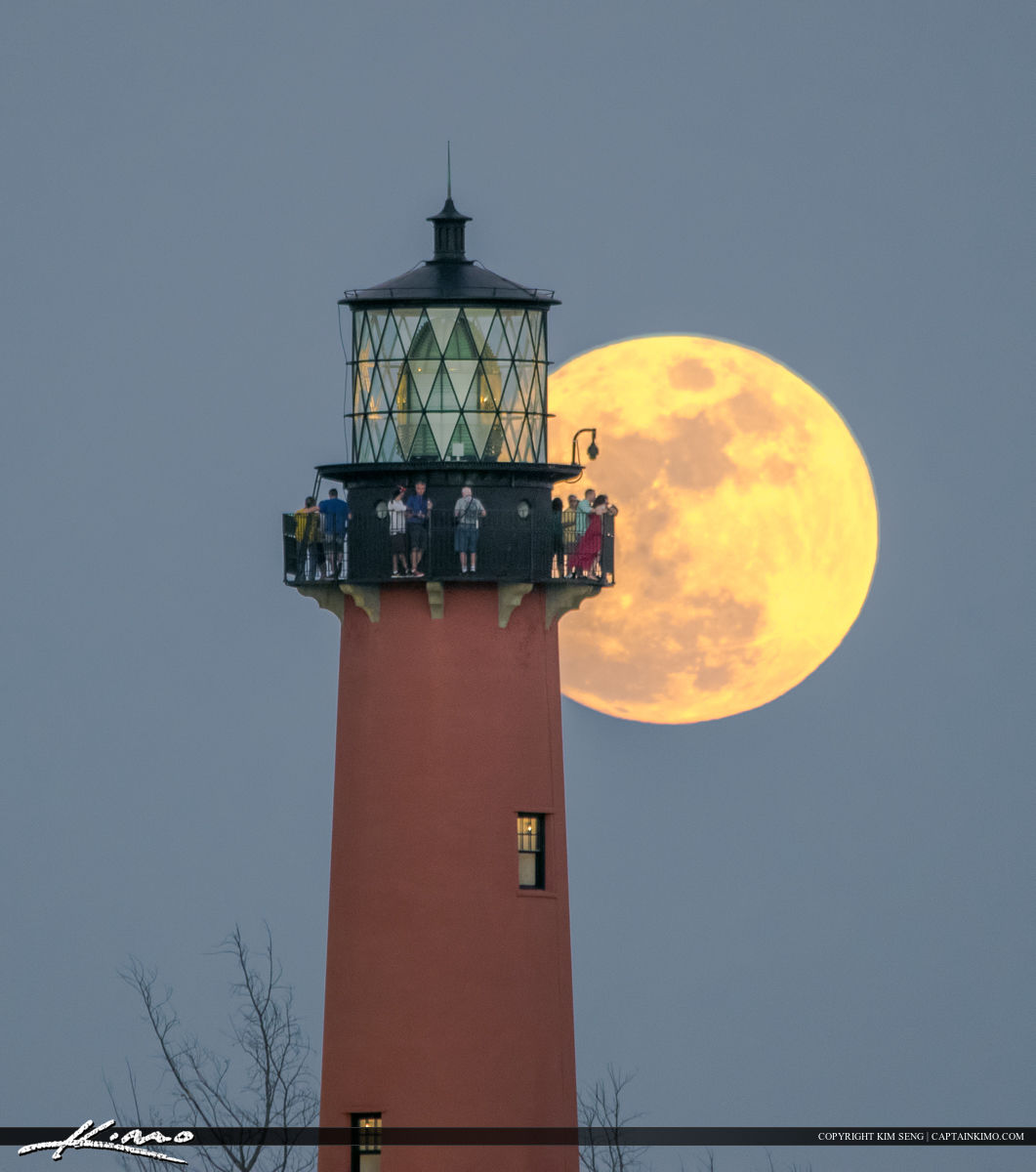 Jupiter Lighthouse during a full moon from Sawfish Bay Park in Palm Beach County Florida.