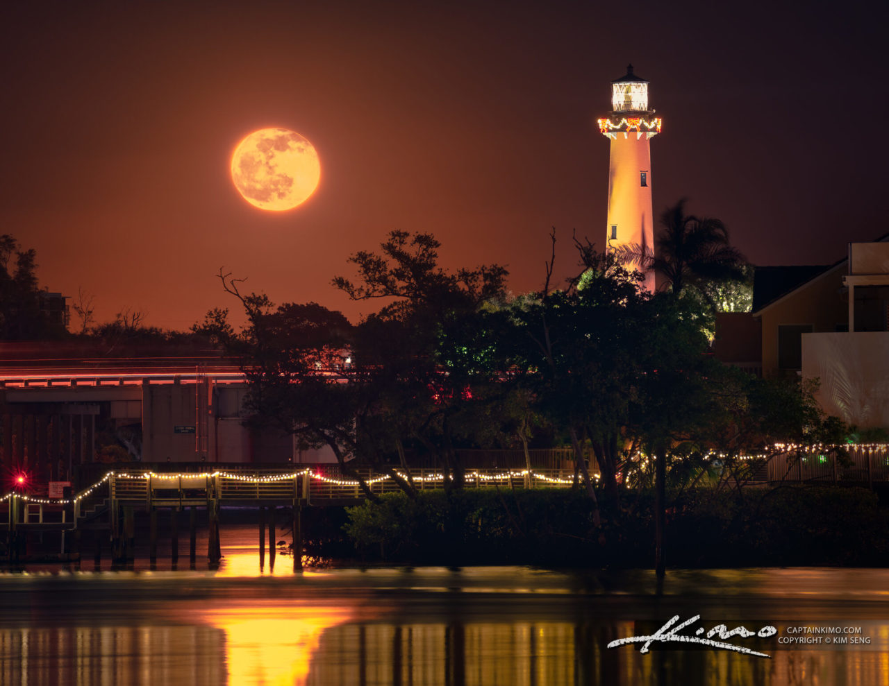 Moon Rising Over the Jupiter Lighthouse Holiday Lights HDR