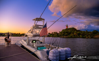 Jupiter Lighthouse Boat Docked at Marina Sunset